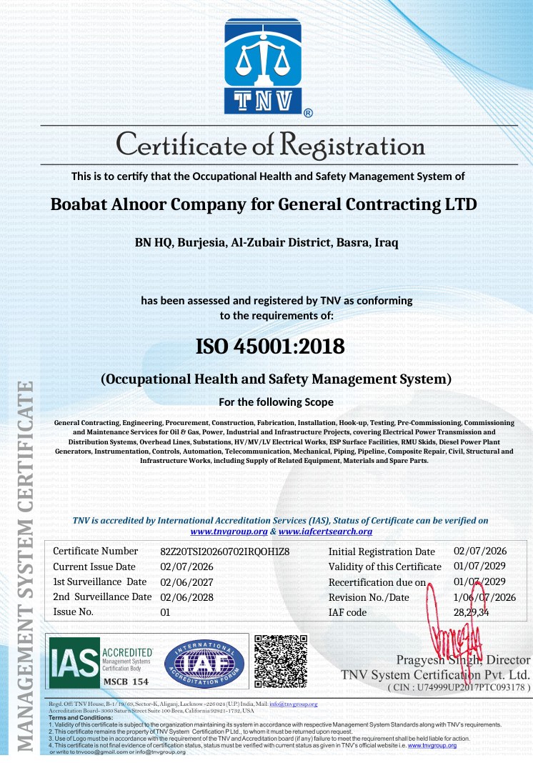 ISO 45001:2018 certificate issued to Boabat Alnoor
